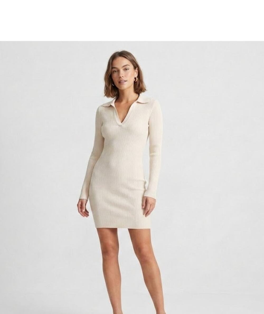 COTTON CITIZEN Ibiza Ribbed Long Sleeve Polo Mini Dress - Cream - Size L L